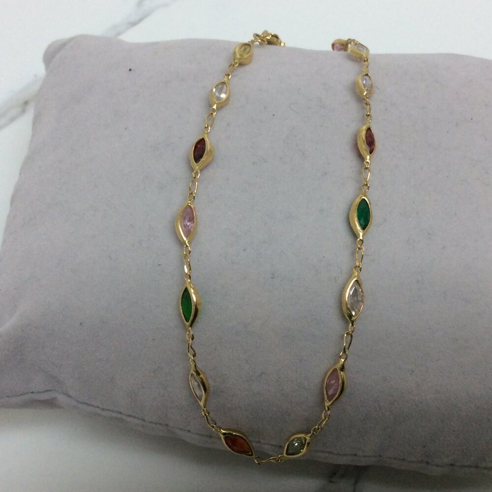 14k Yellow Real Gold Multi-Color Stone Link Ankle Bracelet 10'' Long  4.30 gr